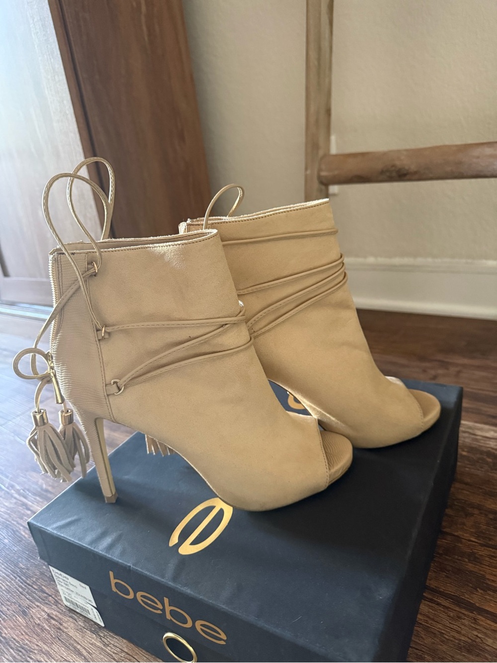 bebe Cream Open-Toe Stiletto Ankle Booties with Tassel Wrap